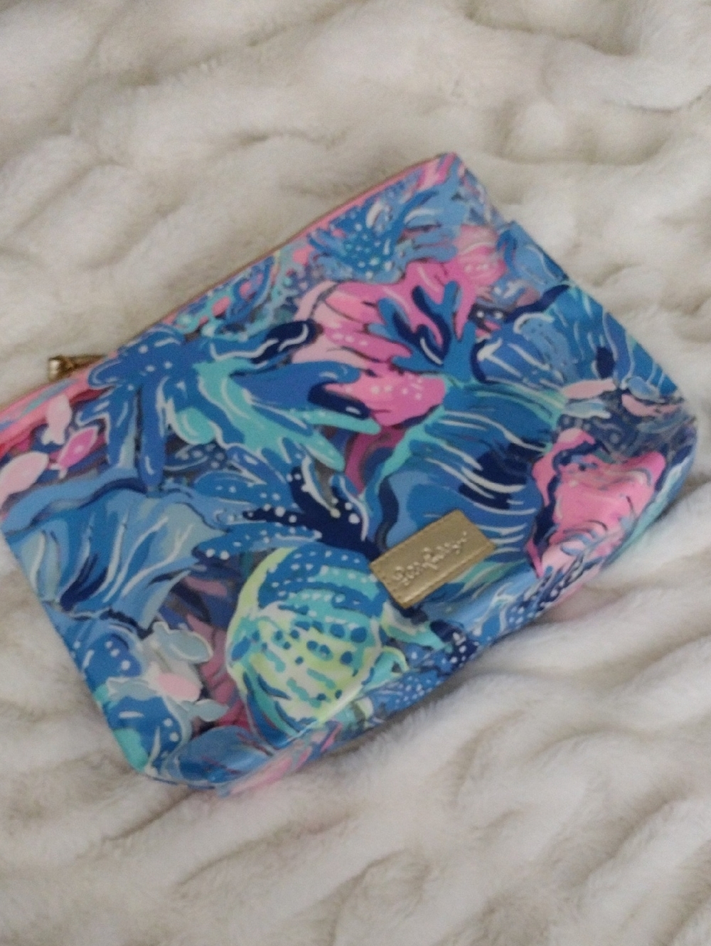 Lilly Pulitzer Large Blue & Pink Floral Vinyl Cosmetic Pouch